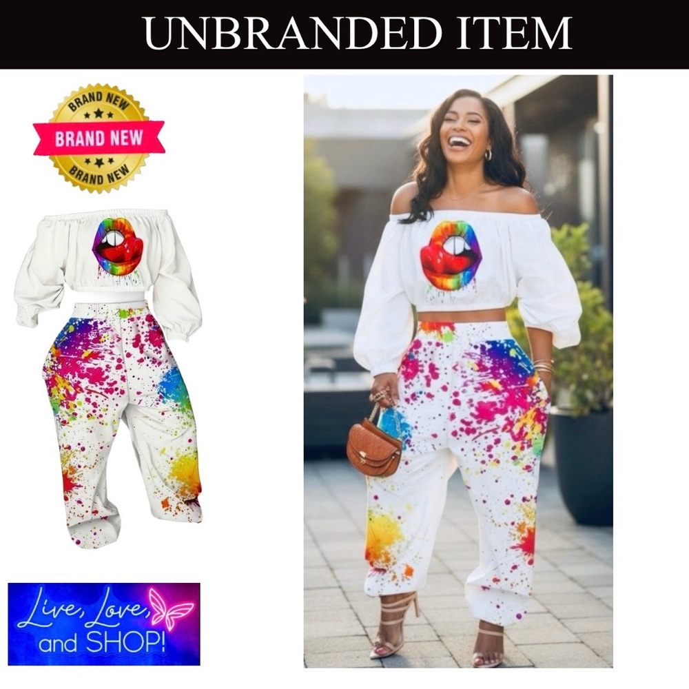 2 Piece: Multi-Color Lips, Off Shoulder, Crop Top w/Matching Color Pants, NIP